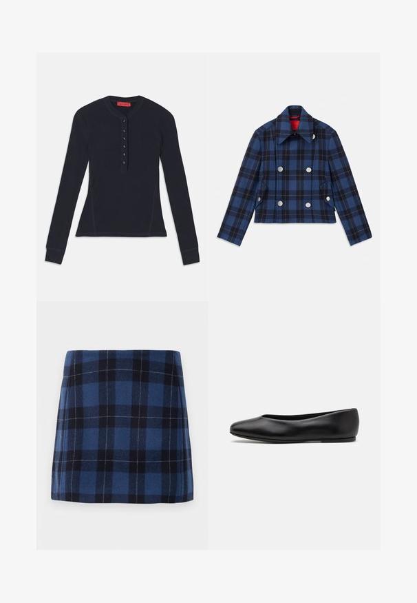 Jakna s kariranim vzorcem v mornarsko modri barvi, s skrajšanim dizajnom, dvorednim zapenjanjem, velikimi srebrnimi gumbi in koničastim ovratnikom. Tekstura tkanine.; Dolga majica henley temno modre barve iz mehke tkanine, z gumbasto zapenjanjem s šestimi gumbi in rebrastimi manšetami.; Karirana mini krila v temno modri in mornarski barvi, izdelana iz mehke tkanine z rahlo teksturirano površino. Ima ravno rez in čiste linije.; Paul Smith TOPANGA - Balerinke - black