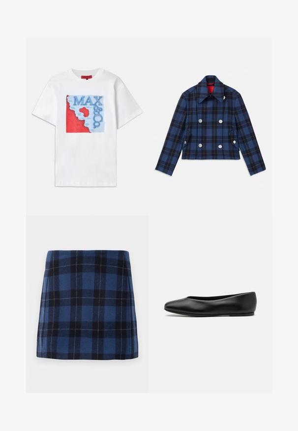 Chaqueta de cuadros azul marino con un diseño corto, frente cruzado, grandes botones plateados y un cuello puntiagudo. Tejido texturizado.; Camiseta blanca de algodón con un diseño gráfico colorido que presenta elementos en rojo y azul, que representa un mapa y el texto "MAX & CO." de manera prominente.; Falda corta de cuadro en azul oscuro y marino, hecha de una tela suave con un acabado ligeramente texturizado. Presenta un corte recto y líneas limpias.; Paul Smith TOPANGA - Bailarinas - black