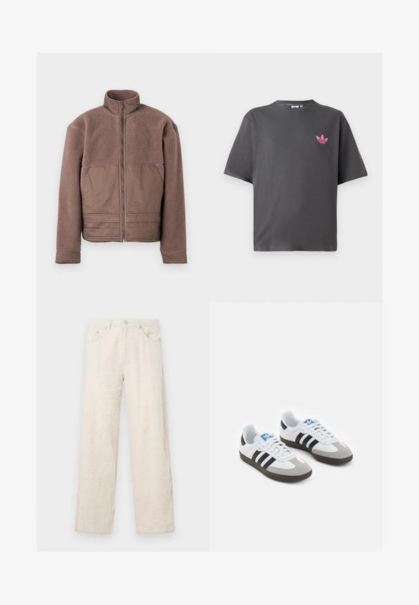 Brązowa polarowa kurtka z pełnym zamkiem z przodu, wysokim kołnierzem i gładkimi panelami materiałowymi na klatce piersiowej i dolnej części przodu.; Ciemnoszara koszulka z krótkim rękawem z małym różowym logo trefoil Adidas na lewej piersi, zaprezentowana na białym tle.; Beżowe spodnie szerokie wykonane z teksturowanej tkaniny, z zapięciem na guzik, szlufkami na pasek i klasycznym stylem kieszeni.; Buty sportowe z białą skórzaną cholewką, szarym zamszowym noskiem i trzema czarnymi paskami. Posiadają niebieskie logo na języku oraz teksturowaną gumową podeszwę.