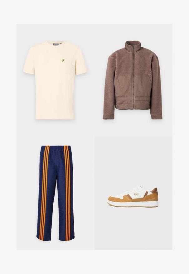 Giacca in pile marrone con zip frontale completa, colletto alto e pannelli in tessuto liscio sul petto e nella parte anteriore inferiore.; T-shirt di cotone color crema con colletto rotondo, maniche corte e taschino con un ricamo di una piccola farfalla gialla.; Pantaloni da track blu con un motivo a stampa totale e strisce arancioni sui lati, dotati di una cintura elastica comoda e una vestibilità ampia.; Sneakers in suede bianco e beige con chiusura a lacci, dettagli perforati e suola in gomma. Presentano accenti in logo dorato sui lati e sul tallone.