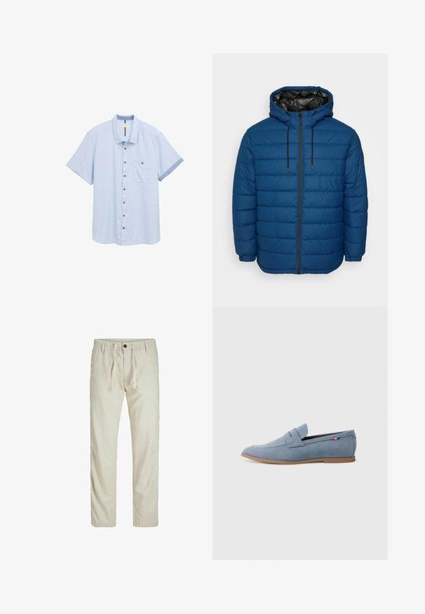 Tumši zila puffer jaka ar šūtām panelēm, kapuci un priekšējo rāvējslēdzēju. Aprīkota ar elastīgiem aproču galiem un kontrastējošu melnu oderējumu.; Gaiši zils īsām piedurknēm krekls, kas izgatavots no teksturētas auduma, ar pogu aizdari, vienu krūšu kabatu un kontrastējošām piedurknēm tumšāk zilā krāsā.; Bežīgas lina bikses ar aukliņu jostasvietā, taisna kāju dizains un priekšējā pogu aizdare. Gluda tekstūra ar smalku rakstu.; Gaiši zilas zamšādas mokasīni ar gludu faktūru, dekoratīvo izšuvumu un brūnu gumijas zoli. Augšdaļā ir penny slot dizains.