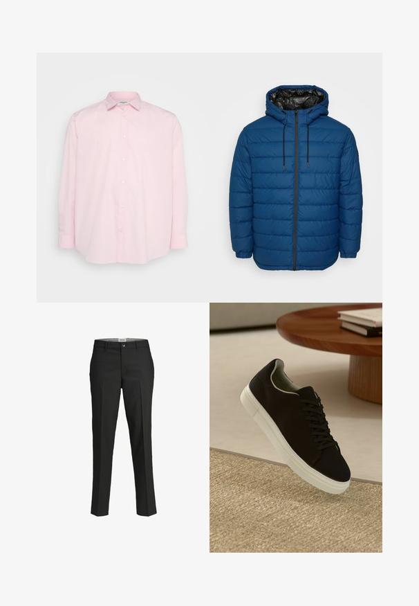 Dunjakke i mørk blå med sydde paneler, hette og frontglidelås. Har elastiske ermer og en kontrasterende svart fôr.; Lys rosa skjorte med lange ermer, standard krage og hvite knapper foran, laget av glatt bomullsstoff.; Sorte bukser, skræddersyet pasform, glat stof, mellemhøj talje, knaplukning foran, skrå lommer og pressefold detaljer ned ad benene.; Svart sneakers med hvit såle som svever over en beige teksturert teppe nær et rundt trebord med stablede bøker.