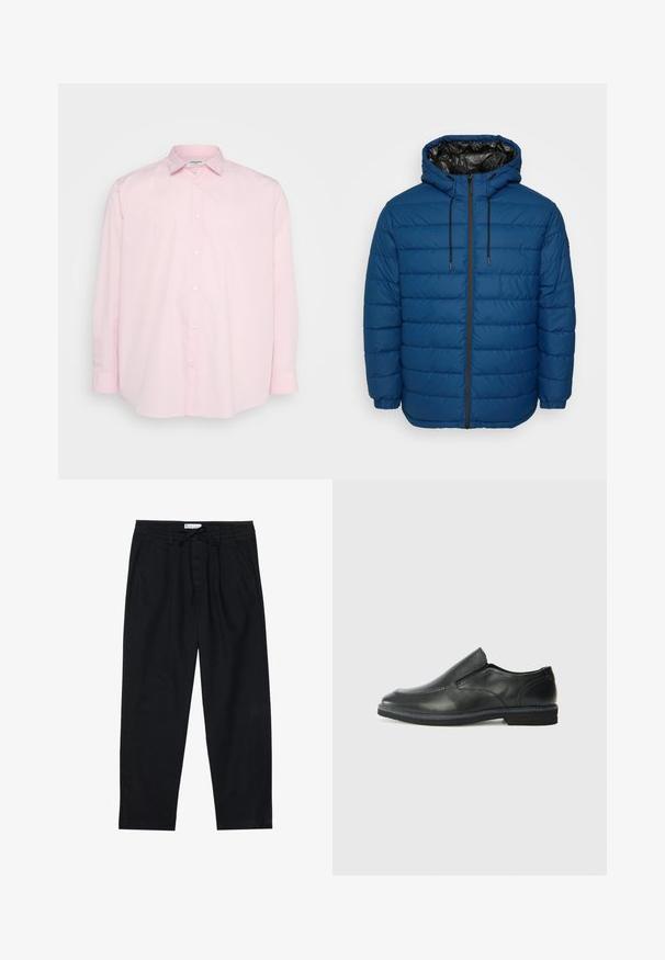 Mörkblå vadderad jacka med sydda paneler, huva och en dragkedja fram. Har elastiska muddar och ett kontrasterande svart foder.; Ljusrosa skjorta med knappar, långa ärmar, en standardkrage och vita knappar framtill, tillverkad av mjuk bomullstyg.; Pier One Chinos - black; Svart lädersko i slip-on-modell med en slät ovandel, sömnadsdetaljer, rund tå och låg gummihäl. Sulan har minimal mönstring.