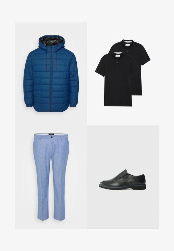 Puffer jacket in dark blue with stitched panels, a hood, and a front zipper. Features elastic cuffs and a contrasting black lining.; Two black polo shirts, short-sleeved, cotton material, featuring a classic collar, two-button placket, and white striped accents inside the collar.; Light blue trousers made of textured fabric, featuring a straight cut, belt loops, and a single front button closure.; Black leather slip-on shoe with a smooth upper, stitched accents, rounded toe, and a low rubber heel. Sole features minimal tread.