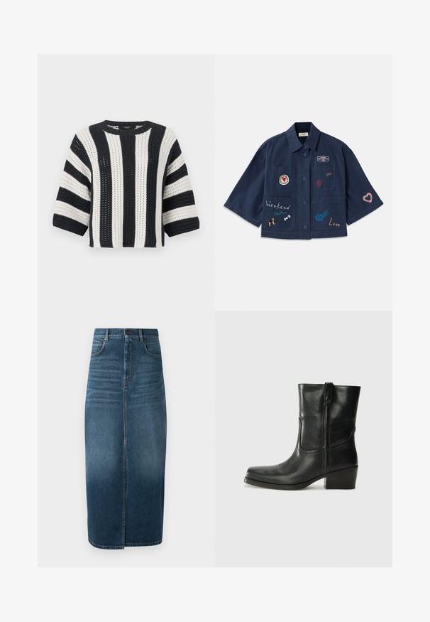 Chemise à manches courtes bleu marine avec fermeture à boutons, ornée de divers écussons brodés, y compris des cœurs et des textes. Comprend des poches sur la poitrine et sur les côtés.; Pull en crochet avec des rayures alternées bleu marine et blanches, encolure ronde et manches trois-quarts. Tissu en tricot texturé.; Jupe midi en denim indigo foncé, avec une fente avant et une légère décoloration. Design classique à cinq poches avec fermeture à bouton métallique.; Bottine en cuir noir avec un bout rond, un talon carré, une fermeture éclair sur le côté et des coutures décoratives sur l'empeigne. Texture lisse, design classique.