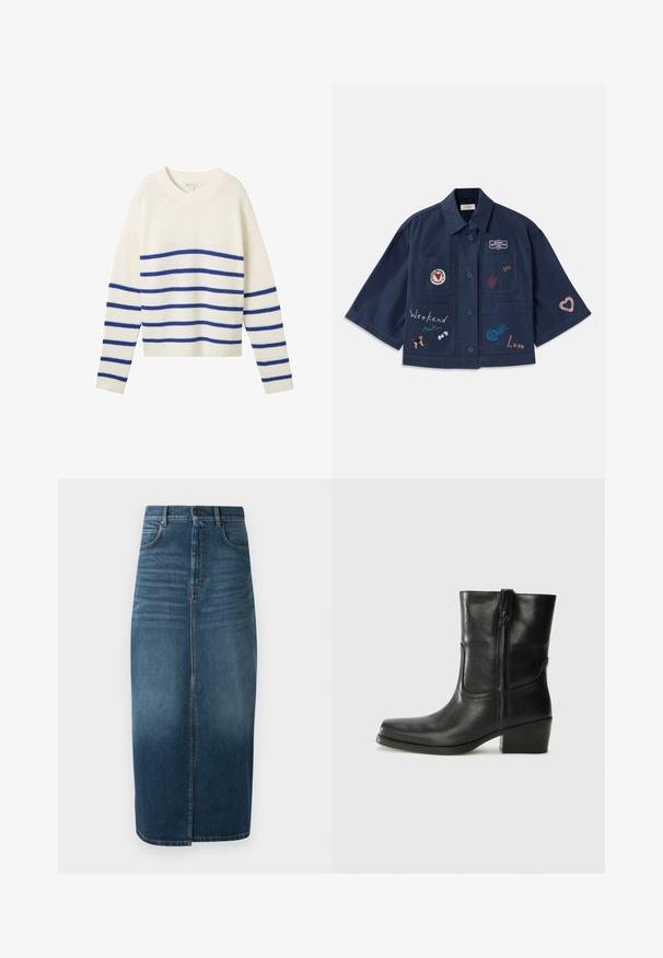 Tumši zila īsām piedurknēm krekls ar pogu aizdari, rotāts ar dažādiem izšūtiem plāksteriem, tostarp sirsniņām un tekstu. Satur krūšu un sānu kabatas.; Krēmpaadļa džemperis ar horizontālām zilām svītrām, ar apaļu kakla izgriezumu, garām piedurknēm un ribota apakšmalu un piedurkņu galiem. Mīksta tekstūra un brīvs piegriezums.; Tumši indigo džinsu midi svārki ar priekšējo šķēlumu un vieglu izbalējumu. Klasicks piecu kabatu dizains ar metāla pogas aizdari.; Melna ādas potīte ar noapaļotu purngalu, bloku papēdi, sānu rāvējslēdzēju un šuvju akcentiem uz virsmas. Gluda tekstūra, klasiskā dizaina.