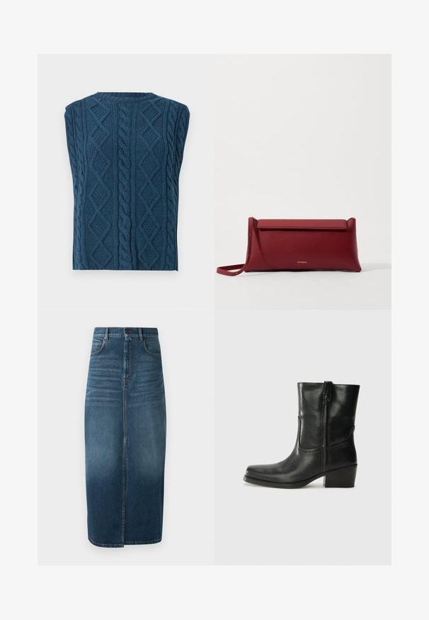 Námořnická modrá košile s krátkým rukávem a knoflíkovým zapínáním, zdobená různými výšivkami, včetně srdcí a textu. Obsahuje náprsní a boční kapsy.; Bezrukávový svetr s kabelovým pletením v tmavě modré barvě. Má texturované vzory diamantů a propletených kabelů, s kulatým výstřihem.; Bílá blůza s krátkým rukávem zdobená modrou květinovou výšivkou, kulatým výstřihem a složitými vzory podél přední části a rukávů.; Denim midi sukně v tmavě indigo, s předním rozparkem a mírným vyblednutím. Klasický design s pěti kapsami a kovovým zapínáním na knoflík.; Černá kožená kotníková bota s kulatou špičkou, blokovým podpatkem, bočním zipem a prošíváním na svršku. Hladký povrch, klasický design.; Červená kožená kabelka na ruku s texturovaným povrchem, s plochým sklápěcím vrchem a krátkým popruhem. Jemné logo značky vepředu.