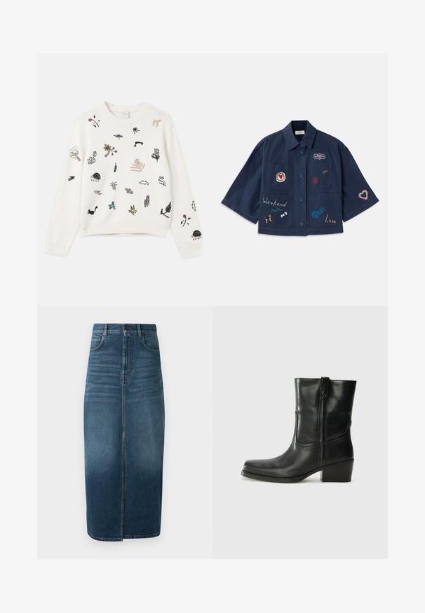 Marineblaue Kurzarmshirt mit Knopfschluss, verziert mit verschiedenen gestickten Flicken, darunter Herzen und Texte. Enthält Brust- und Seitentaschen.; Weißer, gestrickter Pullover mit verschiedenen bunten gestickten Motiven von Tieren und Pflanzen. Gerippte Bündchen und Saum verleihen Struktur.; Denim-Midi-Rock in dunklem Indigo, mit einem vorderen Schlitz und leichtem Verblassen. Klassisches Fünf-Taschen-Design mit metallischem Knopfverschluss.; Schwarze Leder-Ankle Boots mit runder Zehenform, Blockabsatz, seitlichem Reißverschluss und gestickten Akzenten auf dem Blatt. Glatte Textur, klassisches Design.