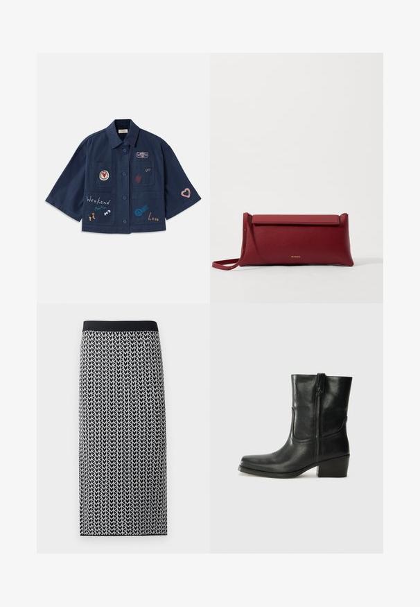 Granatowa koszula z krótkim rękawem z zapięciem na guziki, z różnymi wyhaftowanymi naszywkami, w tym sercami i tekstem. Zawiera kieszenie na piersi i z boku.; Biała bluzka z krótkim rękawem z niebieskimi haftowanymi kwiatami, okrągłym dekoltem i misternymi wzorami na przodzie oraz rękawach.; Spódnica sięgająca kolan, wykonana z elastycznego dzianinowego materiału, z czarno-białym wzorem w strzały oraz czarnym elastycznym pasem.; Czarne skórzane botki za kostkę z okrągłym noskiem, słupkowym obcasem, bocznym zamkiem i przeszyciami na cholewce. Gładka tekstura, klasyczny design.; Czerwona skórzana kopertówka o teksturowanym wykończeniu, z płaskim złożonym wierzchem i krótkim paskiem. Subtelne logo marki z przodu.