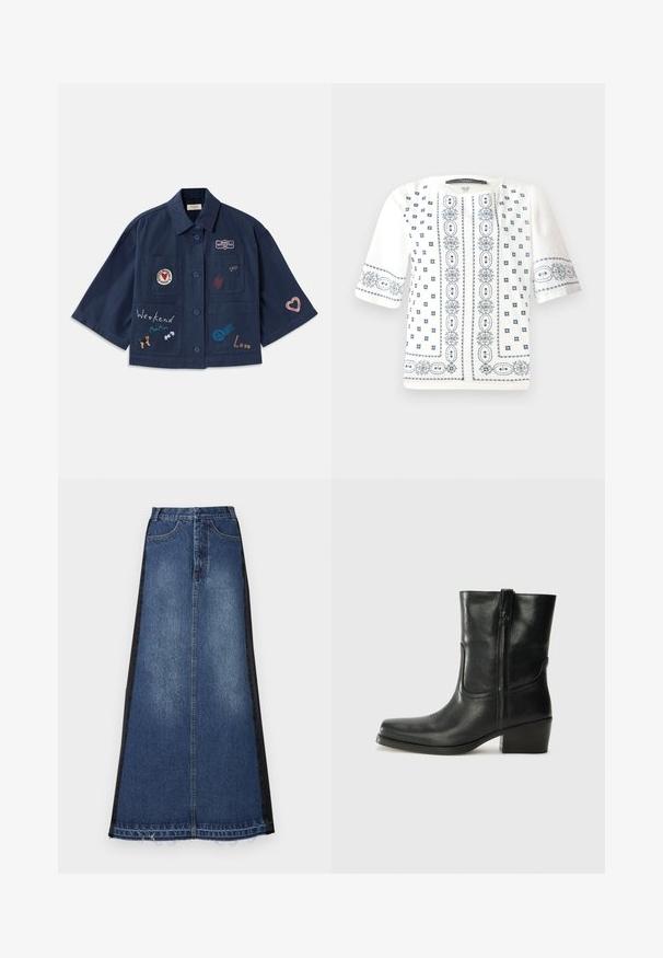 Sötétkék, rövid ujjú ing gombos záródással, különböző hímezett foltokkal, mint például szívek és feliratok. Zsebek találhatók a mellkasnál és az oldalán.; Fehér, rövid ujjú blúz, kék virágos hímzéssel, kerek nyakkivágással és bonyolult mintákkal az elején és az ujjakon.; Farmer maxi szoknya, kék fő résszel és fekete oldalsó panelekből, egyenes fazonnal, szakadt szegéllyel és klasszikus öt zsebes dizájnnal.; Fekete bőr bokacsizma lekerekített orral, blokk sarkúval, oldalsó cipzárral és varrásos díszítéssel az elején. Simább textúra, klasszikus dizájn.