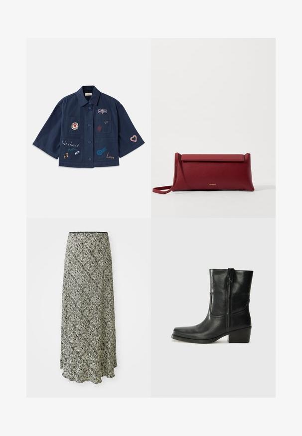 Navy blue short-sleeve shirt with button closure, featuring various embroidered patches, including hearts and text. Includes chest and side pockets.; White short-sleeve blouse featuring blue floral embroidery, a round neckline, and intricate patterns along the front and sleeves.; Black and off-white midi skirt featuring a wavy pattern, smooth texture, and a scalloped hem; made from lightweight fabric.; Black leather ankle boot with a rounded toe, block heel, side zipper, and stitching accents on the vamp. Smooth texture, classic design.; Red leather clutch bag with a textured finish, featuring a flat fold-over top and a short strap. Subtle brand logo on the front.