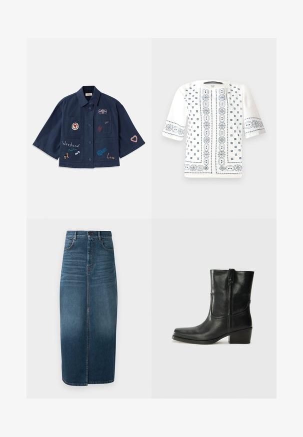 Tumši zila īsām piedurknēm krekls ar pogu aizdari, rotāts ar dažādiem izšūtiem plāksteriem, tostarp sirsniņām un tekstu. Satur krūšu un sānu kabatas.; Balts īsajām piedurknēm blouse ar zilu ziedu izšuvumu, apaļu kakla izgriezumu un sarežģītiem rakstiem pa priekšu un piedurknēm.; Tumši indigo džinsu midi svārki ar priekšējo šķēlumu un vieglu izbalējumu. Klasicks piecu kabatu dizains ar metāla pogas aizdari.; Melna ādas potīte ar noapaļotu purngalu, bloku papēdi, sānu rāvējslēdzēju un šuvju akcentiem uz virsmas. Gluda tekstūra, klasiskā dizaina.