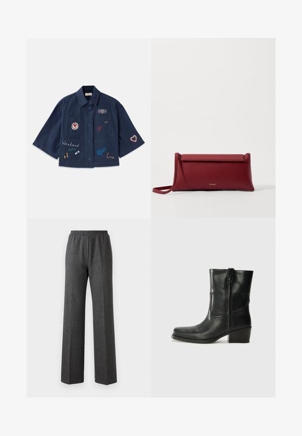 Mørkeblå kortærmet skjorte med knaplukning, udstyret med forskellige broderede patches, herunder hjerter og tekst. Inkluderer bryst- og sidelommer.; Hvid kortærmet bluse med blå blomsterbroderi, rund udskæring og intrikate mønstre langs forsiden og ærmerne.; Grå tekstureret bukser med brede ben og elastisk talje, der har et subtile hørhårede mønster. Blødt stof med en afslappet pasform.; Sort læder ankelstøvle med rundt tå, blokhæl, lynlås i siden og stikninger på vampsiden. Glat tekstur, klassisk design.; Rød læder clutchtaske med tekstureret overflade, der har et fladt fold-over top og en kort rem. Diskret logo på fronten.