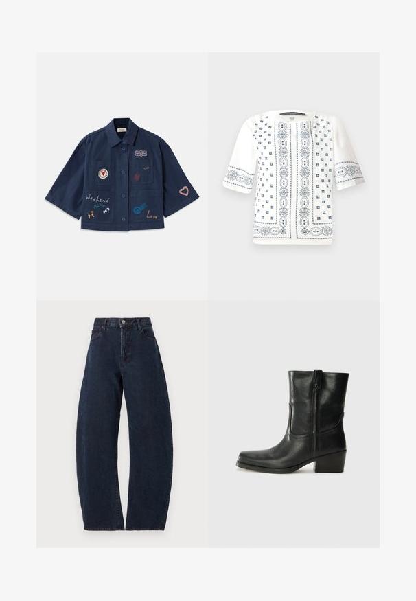 Námořnická modrá košile s krátkým rukávem a knoflíkovým zapínáním, zdobená různými výšivkami, včetně srdcí a textu. Obsahuje náprsní a boční kapsy.; Bílá blůza s krátkým rukávem zdobená modrou květinovou výšivkou, kulatým výstřihem a složitými vzory podél přední části a rukávů.; Džínsy s vysokým pasem a širokými nohavicemi v tmavě modrém denimu. Mají zapínání na knoflík, pět kapes a jemnou texturu. Žádné viditelné vzory nebo akcenty.; Černá kožená kotníková bota s kulatou špičkou, blokovým podpatkem, bočním zipem a prošíváním na svršku. Hladký povrch, klasický design.