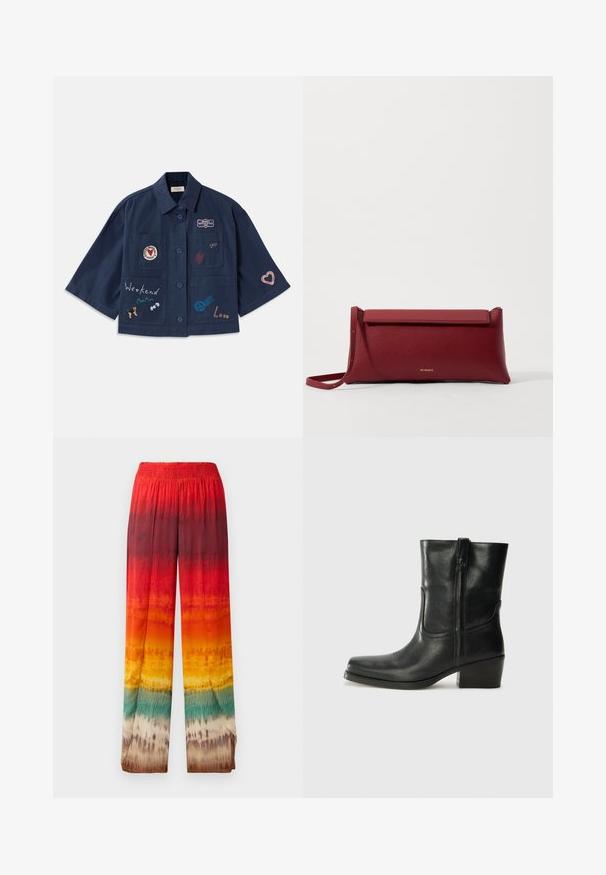 Granatowa koszula z krótkim rękawem z zapięciem na guziki, z różnymi wyhaftowanymi naszywkami, w tym sercami i tekstem. Zawiera kieszenie na piersi i z boku.; Biała bluzka z krótkim rękawem z niebieskimi haftowanymi kwiatami, okrągłym dekoltem i misternymi wzorami na przodzie oraz rękawach.; Spodnie o szerokich nogawkach z gradientowym wzorem w kolorach czerwonym, pomarańczowym, żółtym i zielonym. Wykonane z gładkiego, lekkiego materiału z elastycznym pasem.; Czarne skórzane botki za kostkę z okrągłym noskiem, słupkowym obcasem, bocznym zamkiem i przeszyciami na cholewce. Gładka tekstura, klasyczny design.; Czerwona skórzana kopertówka o teksturowanym wykończeniu, z płaskim złożonym wierzchem i krótkim paskiem. Subtelne logo marki z przodu.