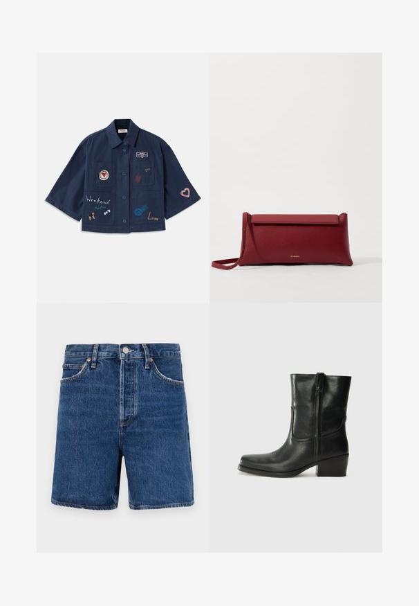 Camisa de manga corta azul marino con cierre de botones, que presenta varios parches bordados, incluidos corazones y texto. Incluye bolsillos en el pecho y los laterales.; Blusa corta de manga corta blanca con bordado floral azul, escote redondo y patrones intrincados a lo largo del frente y las mangas.; Shorts de mezclilla en azul oscuro con un corte clásico, que cuentan con cinco bolsillos, un cierre de botón y detalles de costura en naranja contrastante.; Botín negro de cuero hasta el tobillo con punta redondeada, tacón cuadrado, cremallera lateral y detalles de costura en el empeine. Textura suave, diseño clásico.; Bolso de mano de cuero rojo con un acabado texturizado, que presenta una parte superior plana y un asa corta. Sutil logo de la marca en la parte frontal.