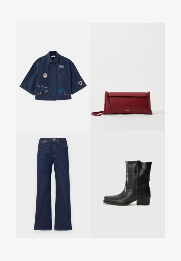 Marinblå kortärmad skjorta med knapplås, prydd med olika broderade lappar, inklusive hjärtan och text. Inkluderar bröstfickor och sidfickor.; Vit blus med kort ärm som har blå blomsterbroderier, rund halsringning och intrikata mönster längs framsidan och ärmarna.; Mörkblå vida jeans i denim. Har en knappstängning, framfickor och kontrasterande sömmar. Ren, klassisk design.; Svart läderankelboot med rund tå, blockklack, sidodragkedja och sömmar på ovandelen. Slät textur, klassisk design.; Röd läderclutch med texturerad yta, med en platt vik överst och ett kort band. Diskret varumärkeslogotyp på framsidan.