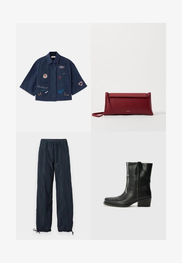 Tummansininen lyhythihainen paita, jossa on napitus ja erilaisia brodeerattuja patchieita, kuten sydämiä ja tekstiä. Sisältää rinta- ja sivutaskut.; Valkoinen lyhythihainen paita, jossa on sinisiä kukkakirjontoja, pyöreä pääntie ja monimutkaiset kuviot edessä ja hihoissa.; Laadukkaat laivaston tuulitakit, joissa on joustava vyötärö, säädettävät hihansuut ja sileä, kevyt materiaali. Kokopitkä muotoilu ilman taskuja.; Musta nahkasaapas nilkkamittaisella varrella, pyöreällä kärjellä, lohkarekorolla, sivuvetoketjulla ja ompeluaksentilla varren yläosassa. Suora pinta, klassinen muotoilu.; Punainen nahkainen clutch-muoti, jossa on teksturoitu pinta, litteä taittopäällinen ja lyhyt hihna. Hienovarainen brändilogo edessä.