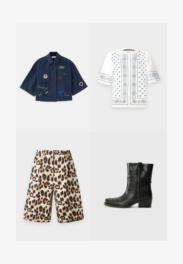 Tamsiai mėlyna trumpomis rankovėmis marškinėliai su mygtukų uždarymu, puošti įvairiomis siuvinėtomis pleistrais, įskaitant širdeles ir užrašus. Marškinėliai turi krūtinės ir šonines kišenes.; Balta trumpų rankovių bliuskutė su mėlynais gėlėmis siuvinėjimais, apvaliu dekoltė ir sudėtingais raštais priekyje ir rankovėse.; Leopardų rašto šortai, kuriuose derinami smėlio ir juodi atspalviai, plisuota forma ir šoninės kišenės. Pagaminti iš lygaus audinio su blizgiu paviršiumi.; Juodi odiniai aulinukai iki kulkšnies su apvali nosimi, blokuotais kulnais, šonine užtrauktuku ir siuvimo akcentais ant viršutinės dalies. Lygi tekstūra, klasikinis dizainas.