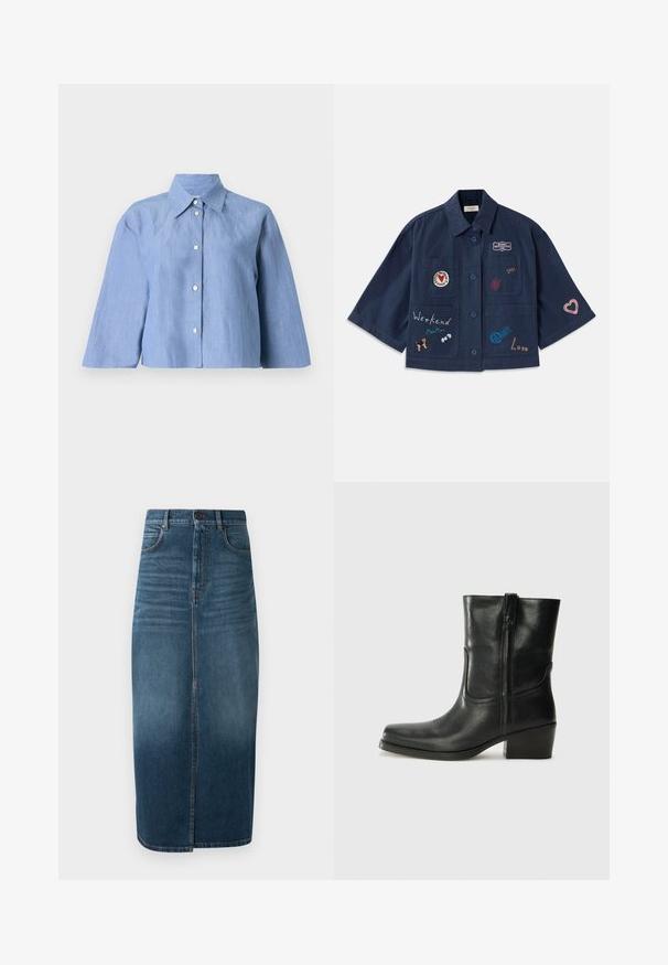 Granatowa koszula z krótkim rękawem z zapięciem na guziki, z różnymi wyhaftowanymi naszywkami, w tym sercami i tekstem. Zawiera kieszenie na piersi i z boku.; Jasnoniebieska krótka koszula wykonana z lnu, z kołnierzykiem w szpic, zapięciem na guziki i rękawami o długości trzy czwarte, o gładkiej teksturze.; Denimowa spódnica midi w ciemnym indygo, z przodu rozcięcie i drobnym wypłowieniem. Klasyczny design z pięcioma kieszeniami oraz metalowym zapięciem.; Czarne skórzane botki za kostkę z okrągłym noskiem, słupkowym obcasem, bocznym zamkiem i przeszyciami na cholewce. Gładka tekstura, klasyczny design.