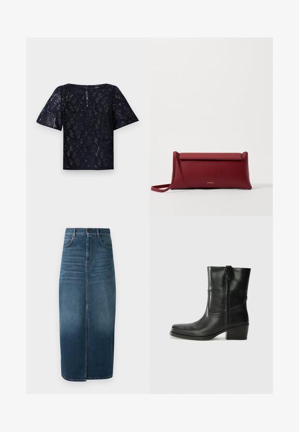 Námořnická modrá košile s krátkým rukávem a knoflíkovým zapínáním, zdobená různými výšivkami, včetně srdcí a textu. Obsahuje náprsní a boční kapsy.; Námořnická krajková blůza s krátkými rukávy, kulatým výstřihem a knoflíkovým uzávěrem na zádech. Nádherný detailní vzor paisley po celém povrchu.; Denim midi sukně v tmavě indigo, s předním rozparkem a mírným vyblednutím. Klasický design s pěti kapsami a kovovým zapínáním na knoflík.; Černá kožená kotníková bota s kulatou špičkou, blokovým podpatkem, bočním zipem a prošíváním na svršku. Hladký povrch, klasický design.; Červená kožená kabelka na ruku s texturovaným povrchem, s plochým sklápěcím vrchem a krátkým popruhem. Jemné logo značky vepředu.