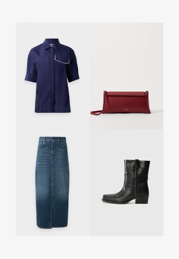 Tumši zila īsām piedurknēm krekls ar pogu aizdari, rotāts ar dažādiem izšūtiem plāksteriem, tostarp sirsniņām un tekstu. Satur krūšu un sānu kabatas.; Jūras zila īsām piedurknēm krekls ar teksturētu rakstu, ar apkakles dizainu un baltu apmalotu kabatu kreisajā pusē. Vieglas audums.; Tumši indigo džinsu midi svārki ar priekšējo šķēlumu un vieglu izbalējumu. Klasicks piecu kabatu dizains ar metāla pogas aizdari.; Melna ādas potīte ar noapaļotu purngalu, bloku papēdi, sānu rāvējslēdzēju un šuvju akcentiem uz virsmas. Gluda tekstūra, klasiskā dizaina.; Sarkans ādas klasisks maciņš ar teksturētu virsmu, ar plakanu salokāmu augšpusi un īsu siksniņu. Uz priekšpuses ir smalks zīmola logo.