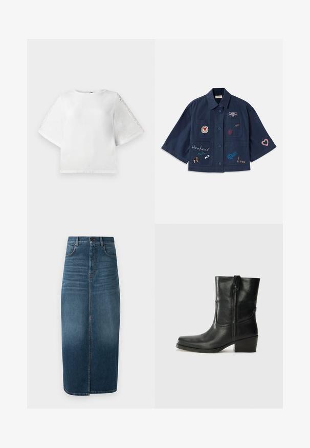 Camicia a maniche corte blu navy con chiusura a bottoni, decorata con vari ricami, tra cui cuori e testo. Include tasche sul petto e ai lati.; Top bianco a maniche corte con scollatura rotonda e dettagli in pizzo sulle maniche. Realizzato in tessuto morbido, presenta un taglio leggermente cropped.; Gonna midi in denim di colore indaco scuro, con spacco frontale e una leggera sfumatura. Design classico a cinque tasche con chiusura a bottone in metallo.; Stivale ankle in pelle nera con punta arrotondata, tacco a blocco, cerniera laterale e dettagli in cucitura sulla tomaia. Texture liscia, design classico.