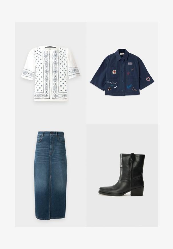 Marineblaue Kurzarmshirt mit Knopfschluss, verziert mit verschiedenen gestickten Flicken, darunter Herzen und Texte. Enthält Brust- und Seitentaschen.; Weiße Kurzarmbluse mit blauer Blumenstickerei, einem runden Ausschnitt und detaillierten Mustern entlang der Vorderseite und Ärmel.; Denim-Midi-Rock in dunklem Indigo, mit einem vorderen Schlitz und leichtem Verblassen. Klassisches Fünf-Taschen-Design mit metallischem Knopfverschluss.; Schwarze Leder-Ankle Boots mit runder Zehenform, Blockabsatz, seitlichem Reißverschluss und gestickten Akzenten auf dem Blatt. Glatte Textur, klassisches Design.