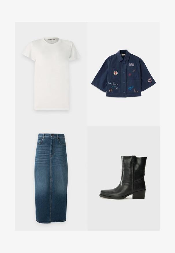Námořnická modrá košile s krátkým rukávem a knoflíkovým zapínáním, zdobená různými výšivkami, včetně srdcí a textu. Obsahuje náprsní a boční kapsy.; Bílá krátkosá rukávová tričko vyrobené z bavlny s kulatým výstřihem a jednoduchým střihem. Štítky uvnitř límce zobrazují "DESIGNERS REMIX".; Denim midi sukně v tmavě indigo, s předním rozparkem a mírným vyblednutím. Klasický design s pěti kapsami a kovovým zapínáním na knoflík.; Černá kožená kotníková bota s kulatou špičkou, blokovým podpatkem, bočním zipem a prošíváním na svršku. Hladký povrch, klasický design.