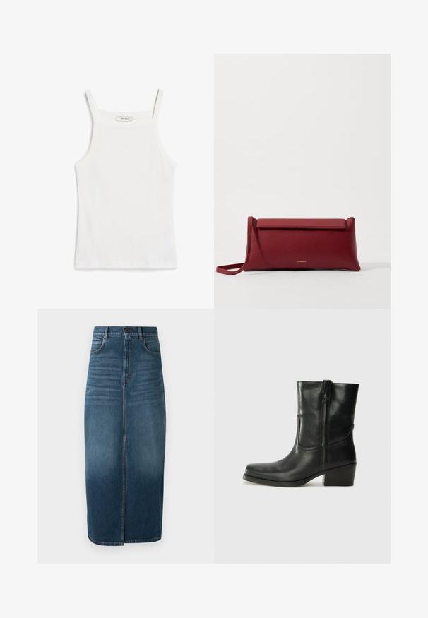 Námornícky modrá košeľa s krátkym rukávom a gombíkovým zapínaním, na ktorej sa nachádzajú rôzne vyšívané nášivky, vrátane srdiečok a textu. Obsahuje vrecká na hrudi a na boku.; Biely top s tenkými ramienkami, vyrobený z rebrovanej bavlnenej tkaniny, s rovnou výstrihom a čistým zakončením na spodnom leme.; Denim midi sukňa v tmavom indigu, s predným rozparkom a jemným vyblednutím. Klasický dizajn s piatimi vreckami a kovovým gombíkom na zapínanie.; Čierne kožené členkové topánky s okrúhlou špičkou, blokovým podpätkom, bočným zipsom a prešívaním na priehlavku. Hladká textúra, klasický dizajn.; Červená kožená klúčenka s textúrovaným povrchom, má plochý preklápací vrch a krátky popruh. Na prednej strane je jemné logo značky.