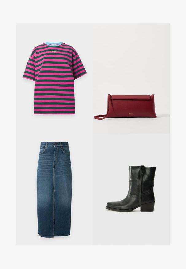 Tummansininen lyhythihainen paita, jossa on napitus ja erilaisia brodeerattuja patchieita, kuten sydämiä ja tekstiä. Sisältää rinta- ja sivutaskut.; Lyhythihainen T-paita, jossa on vaaleanpunaisia ja vihreitä vaakaraitoja, puuvillakangasta, pyöreä kaulus, jossa kevyen sininen reunus, brodeerattu "STIEGLITZ"-logo.; Denim midi-hame tummansinisessä värissä, jossa on etuaukko ja kevyt kulutusjälki. Klassinen viiden taskun muotoilu metallinappisulkimella.; Musta nahkasaapas nilkkamittaisella varrella, pyöreällä kärjellä, lohkarekorolla, sivuvetoketjulla ja ompeluaksentilla varren yläosassa. Suora pinta, klassinen muotoilu.; Punainen nahkainen clutch-muoti, jossa on teksturoitu pinta, litteä taittopäällinen ja lyhyt hihna. Hienovarainen brändilogo edessä.