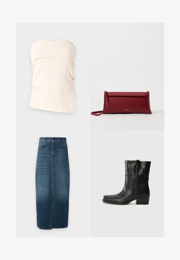 Camicia a maniche corte blu navy con chiusura a bottoni, decorata con vari ricami, tra cui cuori e testo. Include tasche sul petto e ai lati.; Top strapless color beige chiaro in tessuto testurizzato, con un design piegato all'escollatura e una vestibilità ampia. Nessuna chiusura o dettagli aggiuntivi.; Gonna midi in denim di colore indaco scuro, con spacco frontale e una leggera sfumatura. Design classico a cinque tasche con chiusura a bottone in metallo.; Stivale ankle in pelle nera con punta arrotondata, tacco a blocco, cerniera laterale e dettagli in cucitura sulla tomaia. Texture liscia, design classico.; Borsa a pochette rossa in pelle con finitura texturizzata, dotata di un sopra pieghevole piatto e di una tracolla corta. Logo del marchio discreto sulla parte anteriore.