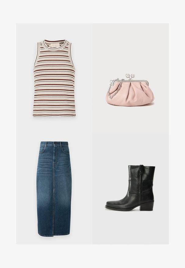 Tumedate särk, lühikeste varrukatega ja nööpide sulgemisega, mille peal on erinevad tikandid, sealhulgas südamed ja tekst. Sisaldab rinna- ja küljetaskut.; Pruun ja valge triibuline kõrge kaelusega taljespanss, millel on ribalik tekstuur ja ilma varrukateta disain. Omab erineva laiusega triibusid kogu ulatuses.; Tumedast indigo denim midi seelik, millel on ees jagu ja kerge pleekimine. Klassikaline viie taskuga disain koos metallist nööbi sulgemisega.; Musta nahast pahkluu saabas ümarate varvastega, plokknäppu, külgsepa ja pealsetel õmblusest aktsentidega. Sile tekstuur, klassikaline disain.; Roosa nahast käsikott voolava disainiga, metallraam, kaks ümmargust klambrit ja hõbedane kett. Sile tekstuur, kompaktne kuju.