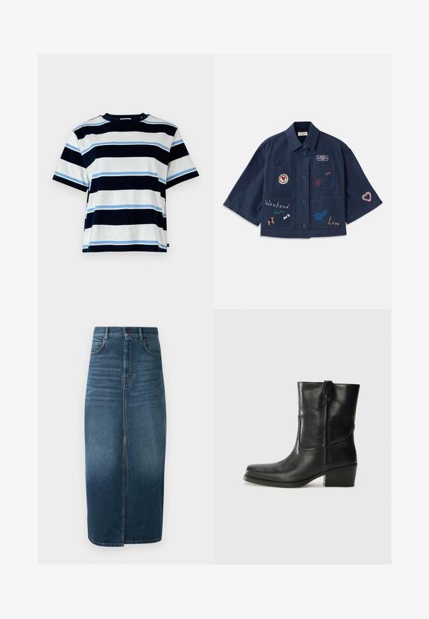 Mornarice modra majica s kratkimi rokavi in gumbom, ki vsebuje različne vezeni nalepke, vključno s srčki in besedilom. Vključuje žepek na prsih in stranske žepe.; T-maica s kratkimi rokavi z vodoravnimi črtami v mornarsko modri, svetlo modri in beli barvi. Izdelana iz mehkega bombaža, z okroglim izrezom in sproščenim krojem.; Jeans midi krilo v temno indigo barvi, z sprednjim razporkom in rahlim bledenjem. Klasičen dizajn s petimi žepi in zapiranjem na kovinski gumb.; Črne usnjene gležnjarje z zaobljenim nosom, blok peto, stransko zadrgo in šivanjem na vampu. Gladka tekstura, klasična zasnova.