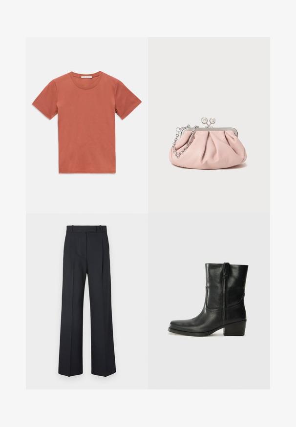 Mørkeblå kortærmet skjorte med knaplukning, udstyret med forskellige broderede patches, herunder hjerter og tekst. Inkluderer bryst- og sidelommer.; Kortærmet T-shirt med rund hals i en afdæmpet terrakottafarve, lagt fladt mod en hvid baggrund, med et lille mærkelogo indeni kraven.; Mørkeblå stribede bukser med høj talje, vidde bendesign og ingen synlig hardware eller dekorationer. Glat tekstur og skræddersyet pasform.; Sort læder ankelstøvle med rundt tå, blokhæl, lynlås i siden og stikninger på vampsiden. Glat tekstur, klassisk design.; Rosa læder clutch-taske med en samlede design, metalramme, to runde låse og en sølv kædetræksrem. Glat tekstur, kompakt form.
