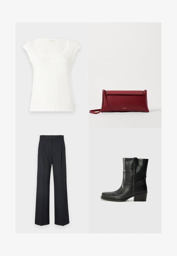 Cămașă bleu marin cu mânecă scurtă și închidere cu nasturi, având diverse broderii pe patch-uri, inclusiv inimi și text. Include buzunare pe piept și pe laterale.; Tricou alb cu mânecă scurtă, confecționat din bumbac moale. Are un decolteu rotund și o croială lejeră. Etichetele sunt atașate pe spate.; Pantaloni în dungi de culoare albastru închis, cu talie înaltă, design cu broek larghi și fără hardware sau embellishments vizibile. Textură netedă și croi adaptat.; Botine din piele neagră, cu vârf rotund, toc pătrat, fermoar pe lateral și accente de cusături pe partea superioară. Textură netedă, design clasic.; Geantă de mână roșie din piele cu o textură rafinată, având un capac plat pliat și o curea scurtă. Logo-ul subtil al mărcii pe față.