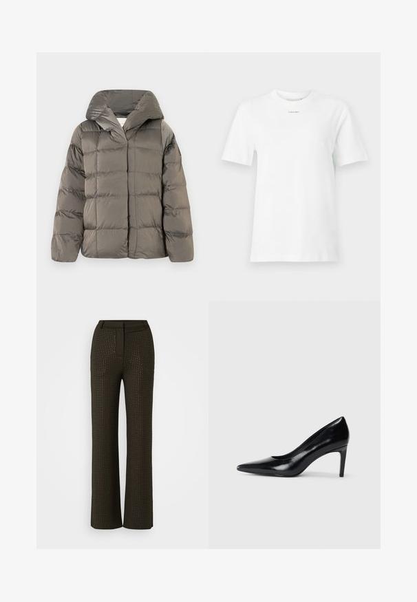 Grå quiltet pufferjakke med stor hette og frontlukking med trykknapper, vist mot en enkel hvit bakgrunn.; Hvit bomull t-skjorte med rund hals, korte ermer og en liten svart "Calvin Klein" logo på brystet. Enkel design, ingen mønstre.; Vide benbukser i mørkebrun med et strukturelt mønster af små udskæringer. Har en tætsiddende talje og sømløst design for et slankt udseende.; Sorte skinnhøye hæler med spiss tå, glatt tekstur og avsmalnet hæl. Minimalistisk design, ingen ekstra dekorasjoner.