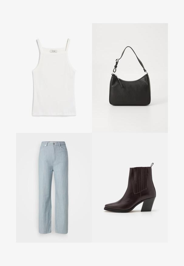 Grijze gewatteerde pufferjack met grote capuchon en drukknopen aan de voorkant, weergegeven tegen een effen witte achtergrond.; Witte tanktop met dunne banden, gemaakt van ribkatoenen stof, met een rechte halslijn en een nette afwerking aan de zoom.; Lichtblauwe recht gesneden jeans van denim. Heeft vijf zakken, een metalen knoopsluiting en subtiele whisks voor textuur.; Donkerbruine leren enkelboot met een spitse neus, verticale geribbelde details aan de zijkant en een blokhak van gemiddelde hoogte.; Zwarte leren handtas met een gebogen vorm, een enkele schouderband, ritsluiting en subtiele branding aan de voorkant. Glad textuur, minimalistisch ontwerp.