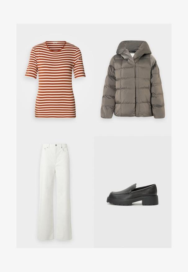 Casaco acolchoado cinza com capuz grande e fecho de pressão na frente, exibido contra um fundo branco liso.; T-shirt à riscas com cores alternadas em ferrugem e creme, mangas curtas, decote redondo e um tecido suave e texturizado.; Samsøe Samsøe SHELLY - Calças de ganga de corte relaxado - clear cream; Mocassins de couro preto com bico arredondado, sola espessa e texturizada, e detalhes de costura minimalistas. Design elegante sem atacadores ou ferragens visíveis.