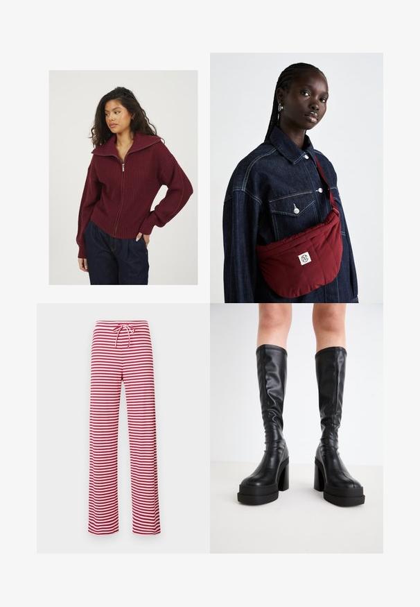 Ciemnoniebieska dżinsowa kurtka z dwoma kieszeniami na piersi, srebrnymi guzikami, spiczastym kołnierzem i długimi rękawami z wąskimi mankietami. Miękka tekstura.; Burgundowa dzianinowa sweter z wysokim kołnierzem, zapięciem na zamek, prążkowaną fakturą i szerokimi rękawami. Połączony z ciemnoniebieskimi spodniami.; Biała bluzka bez rękawów z falbaniastymi akcentami, zebranym teksturą i elastycznym paskiem w talii. Wykonana z miękkiej bawełnianej tkaniny.; Luźne spodnie w czerwono-białe paski, z elastycznym paskiem w talii i prążkowaną teksturą. Prosty krój nogawki sięga długości kostki.; Czarne, sięgające do kolan botki z gładkiej skóry, z grubą platformą i słupkowym obcasem, ozdobione przeszyciami wzdłuż krawędzi.; Bordowa pikowana torba na ramię o prostokątnym kształcie, z naszywką z logo, noszona na tle ciemnej dżinsowej kurtki z dwoma przednimi kieszeniami.