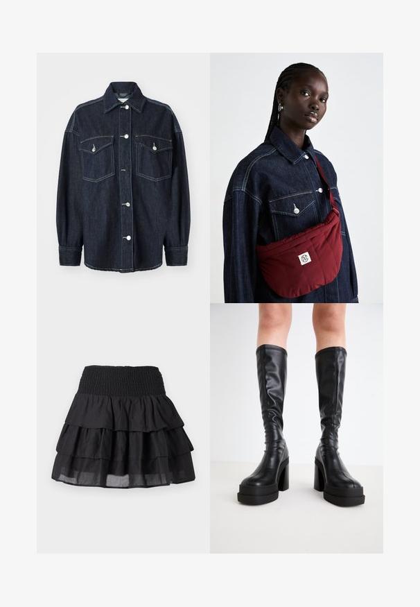 Temno modra denim jakna z dvema žepoma na prsih, srebrnimi gumbi, ostrim ovratnikom in dolgimi rokavi s prisekanimi manšetami. Mehka tekstura.; Bela bluzo brez naramnic z nabranimi detajli, nabranim teksturiranjem in elastičnim pasom. Narejena iz mehkega bombažnega blaga.; Črna večplastna krila z elastičnim pasom. Ima tri plasti naborkov in lahkotno tkanino za rahlo in zračno videz.; Črne hlačne škornje do kolen, izdelane iz gladke usnje, z debelim podplatom in blokastim petami, z našitimi detajli ob robovih.; Burgundska žakardna torba za rame pravokotne oblike, z logotipom, nošena preko temno modre jeans jakne z dvema sprednjima žepoma.