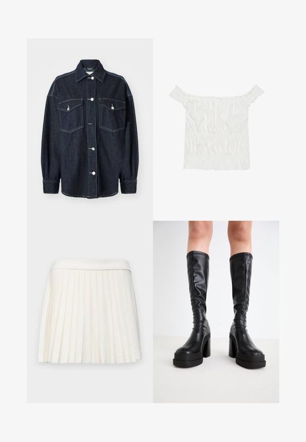 Ciemnoniebieska dżinsowa kurtka z dwoma kieszeniami na piersi, srebrnymi guzikami, spiczastym kołnierzem i długimi rękawami z wąskimi mankietami. Miękka tekstura.; Biała bluzka bez rękawów z falbaniastymi akcentami, zebranym teksturą i elastycznym paskiem w talii. Wykonana z miękkiej bawełnianej tkaniny.; Biała spódnica plisowana z gładkim paskiem w talii, wykonana z lekkiego materiału. Plisy tworzą strukturę i wymiar w całym wyrobie odzieżowym.; Czarne, sięgające do kolan botki z gładkiej skóry, z grubą platformą i słupkowym obcasem, ozdobione przeszyciami wzdłuż krawędzi.