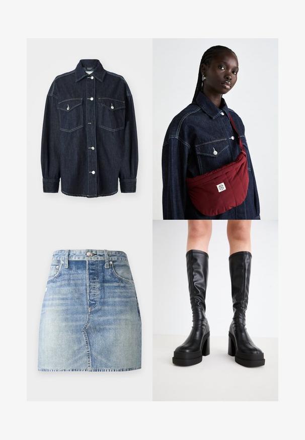 Donkerblauwe spijkerjas met twee borstzakken, zilveren knopen, een puntige kraag en lange mouwen met taps toelopende manchet. Zachte textuur.; Witte off-shoulder top met gerimpelde accenten, gathering structuur en een elastische tailleband. Gemaakt van zachte katoenen stof.; Lichtblauwe denim mini-rok met een hoge taille, afgewerkte zoom, voorzakken en sluiting met een metalen knoop. Vervaagde wassing geeft textuur.; Zwarte kniehoge laarzen van glad leer, met een dikke plateauzool en blokhak, voorzien van gestikte details langs de randen.; Bordeaux gekwilt schoudertasje met een rechthoekige vorm, voorzien van een logopatch, gedragen over een donkerdenim jacket met twee voorkruimelzakken.