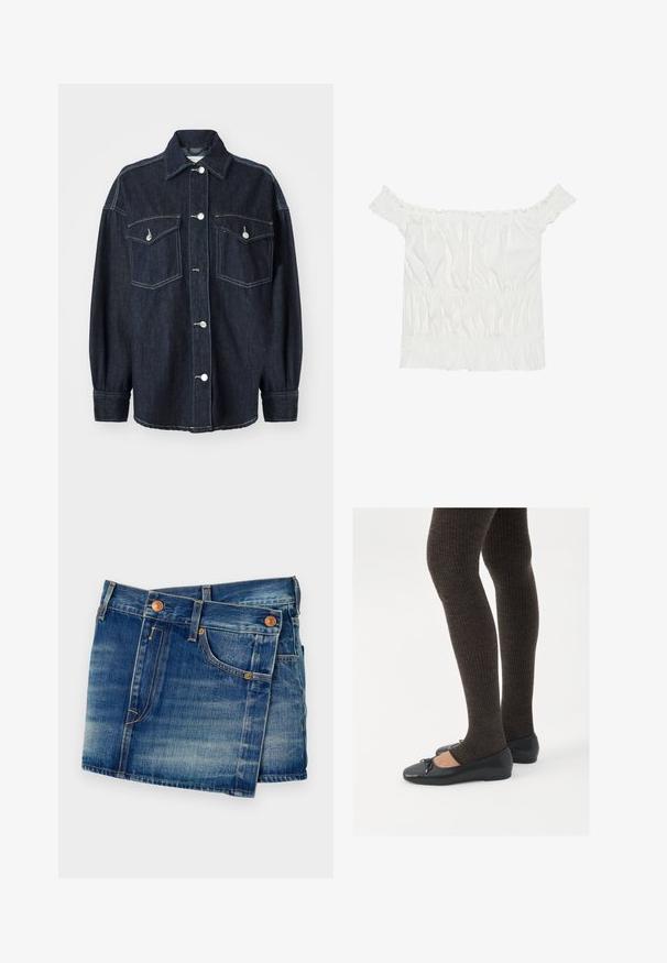 Chaqueta de denim azul marino con dos bolsillos en el pecho, botones plateados, un cuello puntiagudo y mangas largas con puños ajustados. Textura suave.; Top blanco sin mangas con detalles de volantes, textura fruncida y cintura elástica. Fabricado en suave tejido de algodón.; Pantalones cortos de mezclilla en azul medio con un lavado desgastado, con botones de cobre, diseño de cinco bolsillos y detalles de costura en contraste.; Zapatos planos negros con un pequeño lazo en la punta, combinados con medias de punto en marrón oscuro. Los zapatos tienen una textura suave y un perfil bajo.