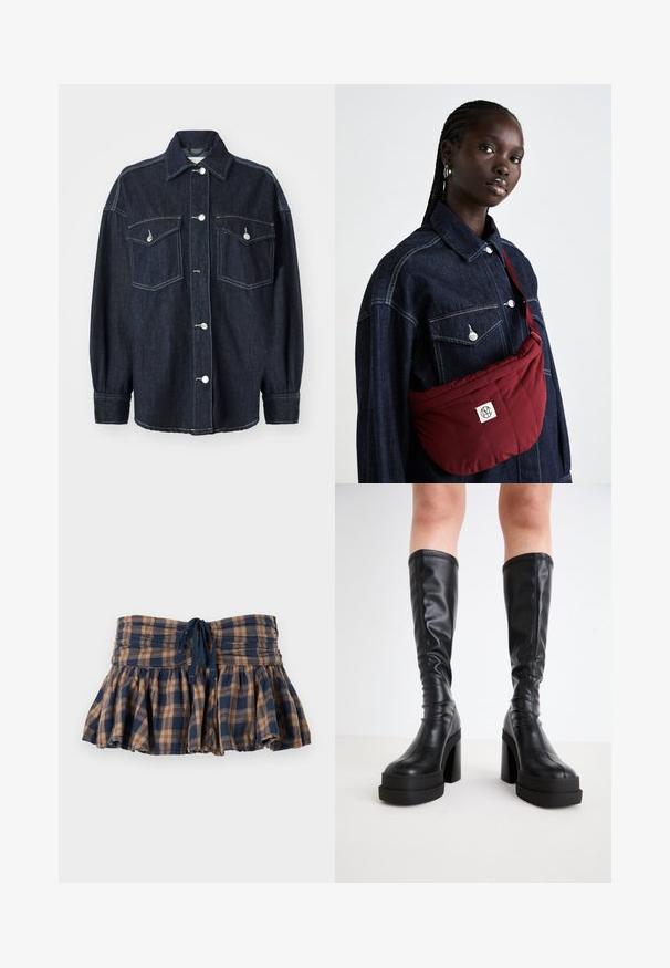 Tamno plava traper jakna s dva džepa na prsima, srebrnim gumbima, oštrim ovratnikom i dugim rukavima sa suženim manžetama. Mekana tekstura.; Bijela bluzica bez naramenica s volanima, naboranom teksturom i elastičnom gumicom u struku. Izrađena od mekanog pamučnog materijala.; Karirana, raširena mini suknja u smeđoj i tamnoplavoj boji, izrađena od laganog materijala. Sadrži elastični struk i podesivu vezicu za prilagodbu.; Crne čizme do koljena od glatke kože, s debelim platformom i blok petom, s prošivenim detaljima duž rubova.; Bordo kvadratni rameni torba s pravokutnim oblikom, s oznakom loga, nošena preko tamnoplave teksas jakne s dva prednja džepa.