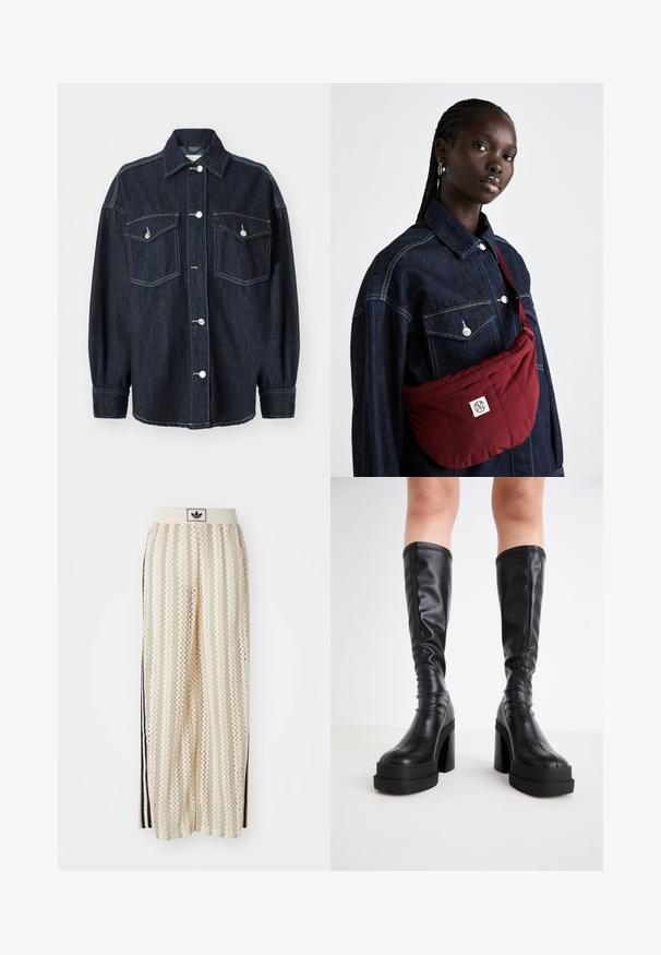 Temno modra denim jakna z dvema žepoma na prsih, srebrnimi gumbi, ostrim ovratnikom in dolgimi rokavi s prisekanimi manšetami. Mehka tekstura.; Bela bluzo brez naramnic z nabranimi detajli, nabranim teksturiranjem in elastičnim pasom. Narejena iz mehkega bombažnega blaga.; Hlače širokega kroja kremne barve z zigzag vzorcem, opremljene z črnim logotipom na pasu in stranskimi črnimi črtami. Lahka, teksturirana tkanina.; Črne hlačne škornje do kolen, izdelane iz gladke usnje, z debelim podplatom in blokastim petami, z našitimi detajli ob robovih.; Burgundska žakardna torba za rame pravokotne oblike, z logotipom, nošena preko temno modre jeans jakne z dvema sprednjima žepoma.