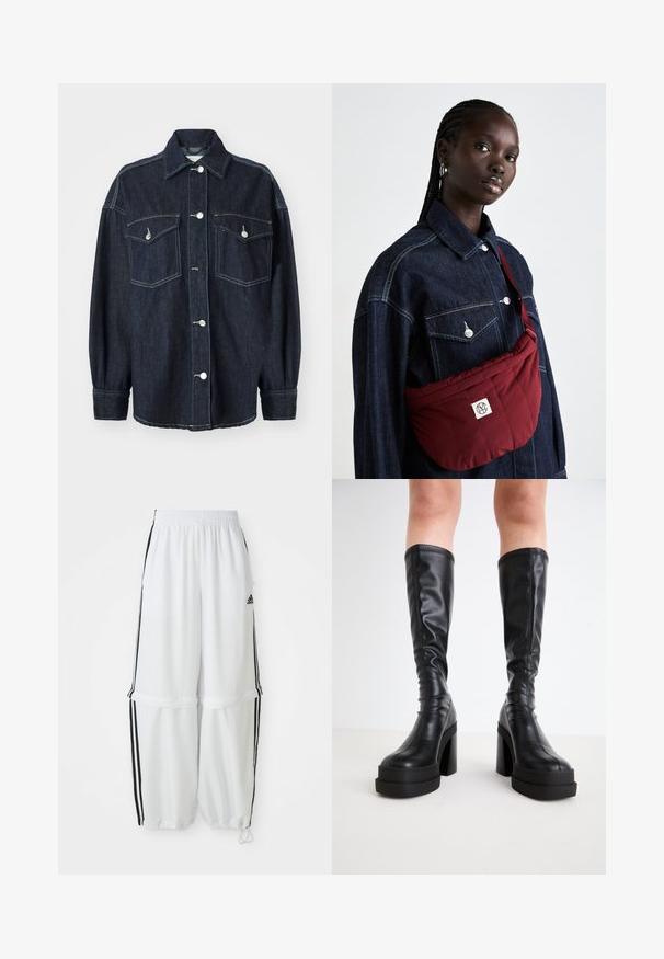 Donkerblauwe spijkerjas met twee borstzakken, zilveren knopen, een puntige kraag en lange mouwen met taps toelopende manchet. Zachte textuur.; Witte off-shoulder top met gerimpelde accenten, gathering structuur en een elastische tailleband. Gemaakt van zachte katoenen stof.; Witte sportbroek met een relaxte pasvorm, elastische tailleband en zwarte zijkanten. Voorzien van ritszakken en elastische boorden bij de enkels.; Zwarte kniehoge laarzen van glad leer, met een dikke plateauzool en blokhak, voorzien van gestikte details langs de randen.; Bordeaux gekwilt schoudertasje met een rechthoekige vorm, voorzien van een logopatch, gedragen over een donkerdenim jacket met twee voorkruimelzakken.