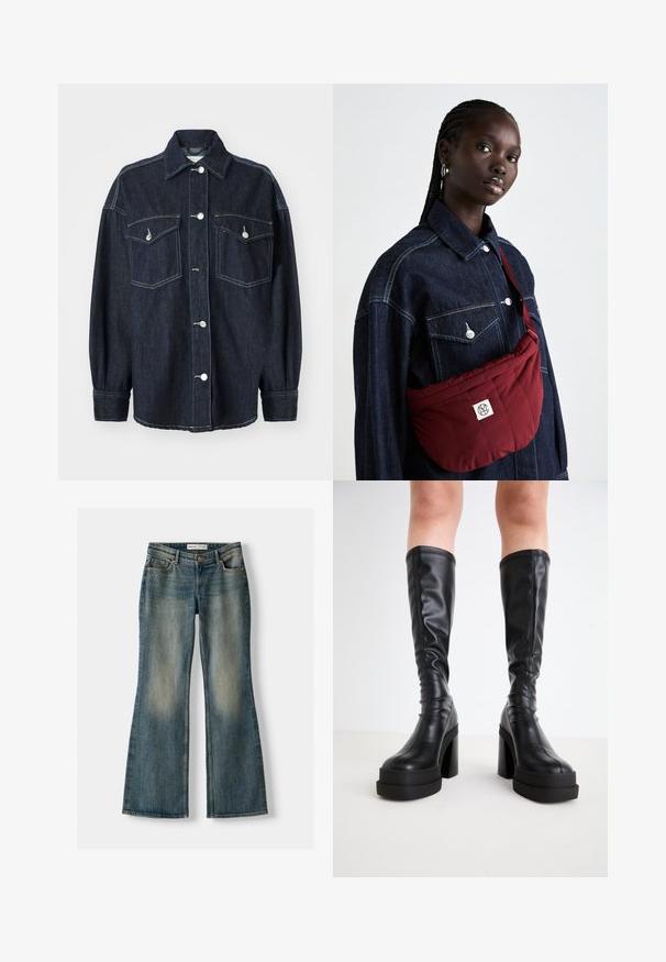 Jachetă din denim de un albastru închis, cu două buzunare pe piept, butoane argintii, guler ascuțit și mâneci lungi cu manșete înguste. Textură moale.; Un top alb off-the-shoulder cu accente volanate, textură pliată și talie elastică. Fabricat dintr-un material moale din bumbac.; Jeans evazați albaștri cu o spălare decolorată, cinci buzunare și închidere cu nasture. Materialul arată o textură de denim cu detalii de cusătură subtile.; Cizme negre, până la genunchi, din piele netedă, având o talpă groasă și un toc pătrat, cu detalii cusute de-a lungul marginilor.; Geantă de umăr cu captuseală burgundy, de formă rectangulară, având o etichetă cu logo, purtată peste o jachetă din denim închis la culoare, cu două buzunare frontale.