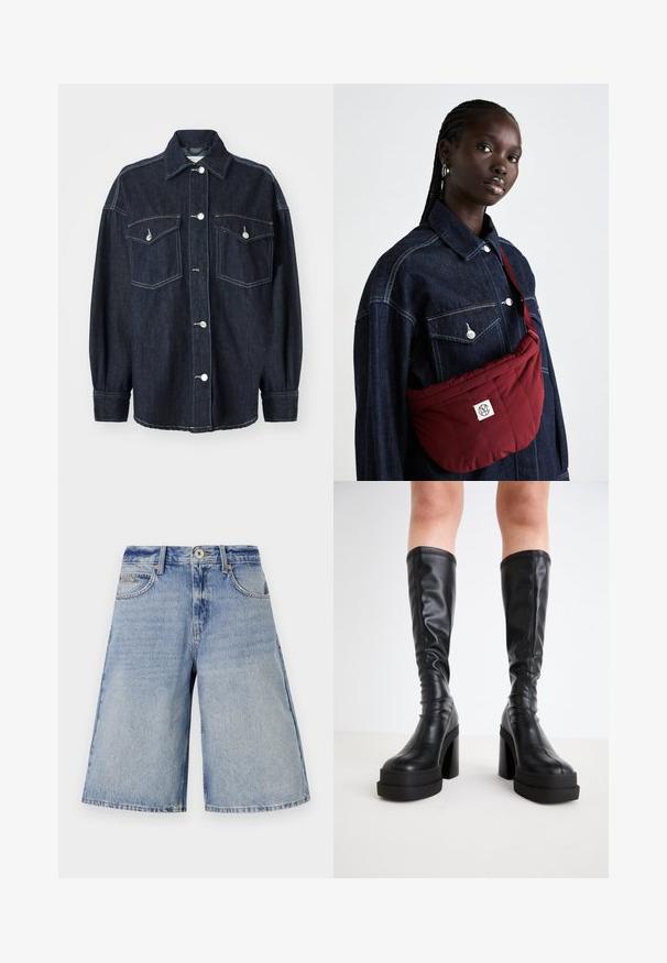 Jaqueta de ganga azul escura com dois bolsos no peito, botões prateados, colarinho pontudo e mangas longas com punhos ajustados. Textura suave.; Top branco sem alças com detalhes em babados, textura franzida e cintura elástica. Feito de tecido de algodão macio.; Culottes de denim em azul claro com um acabamento desbotado, apresentando uma cintura alta, bolsos frontais e um corte largo e reto.; Botas pretas até ao joelho, feitas de couro liso, com uma plataforma grossa e um salto bloco, apresentando detalhes cosidos ao longo das bordas.; Bolsa de ombro matelassada em bordeaux com formato retangular, apresentando um patch com logo, usada sobre uma jaqueta de ganga escura com dois bolsos frontais.