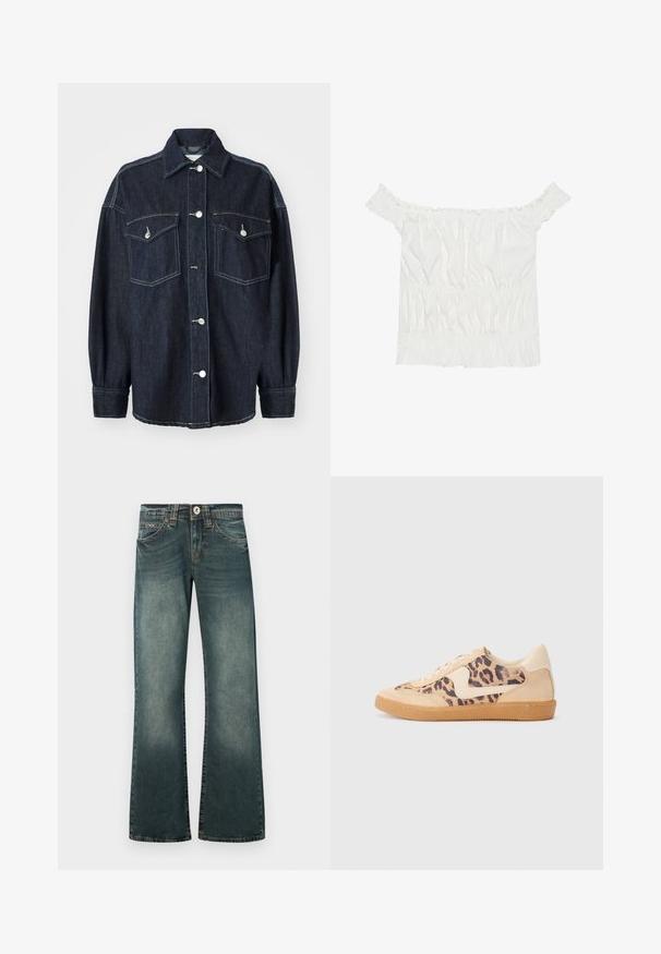 Tamno plava traper jakna s dva džepa na prsima, srebrnim gumbima, oštrim ovratnikom i dugim rukavima sa suženim manžetama. Mekana tekstura.; Bijela bluzica bez naramenica s volanima, naboranom teksturom i elastičnom gumicom u struku. Izrađena od mekanog pamučnog materijala.; Uniseks traperice širokih nogavica u tamnoplavom denimu s izblijedjelim detaljima, s klasičnim kopčanjem na gumbe i prednjim džepovima.; Tenisice s uzorkom leoparda, bež nubuk gornjištem, smešnim gumenim đonom i bijelim detaljima. Okrugli vrh i dizajn s vezicama s teksturiranom završnom obradom.